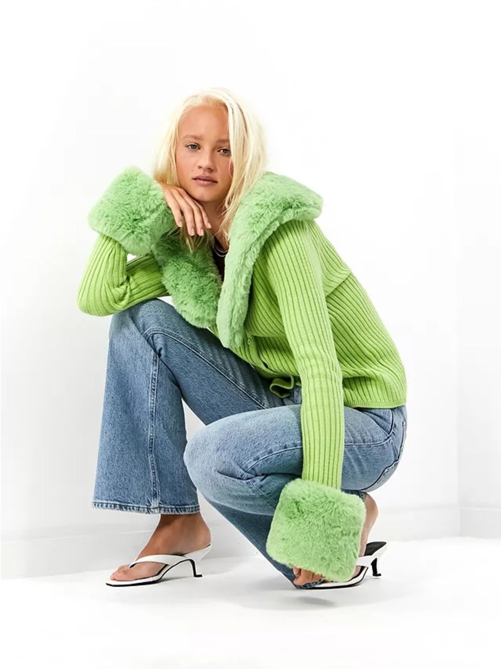 SHEIN Y2K Faux Fur-Trim Ribbed Cardigan in Lime Green